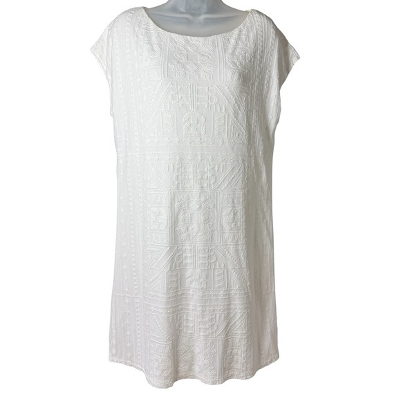 Ralph Lauren M White Midi Shift Dress Textured Embroidered Jacquard Minimalist - Picture 1 of 6
